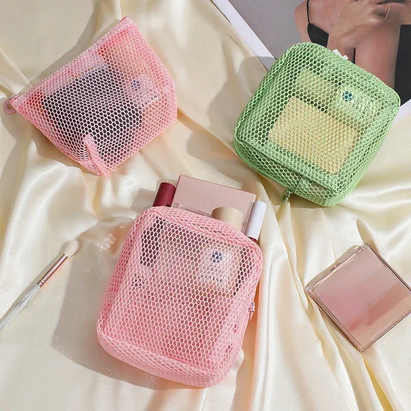 petit sac de maquillage en maille pour femmes, pochette carrée transparente et légère, organisateur de cosmétiques de voyage pour rouge à lèvres et étui à coussin