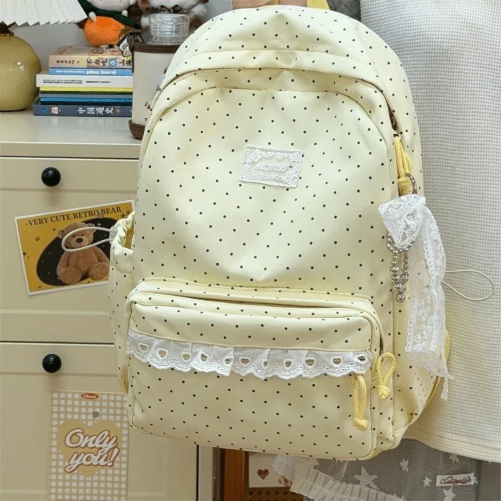 sac à dos de voyage à pois mignon, grande capacité, avec dentelle, cartable d'école pour étudiants, sac à dos en nylon multi-poches pour ordinateur portable