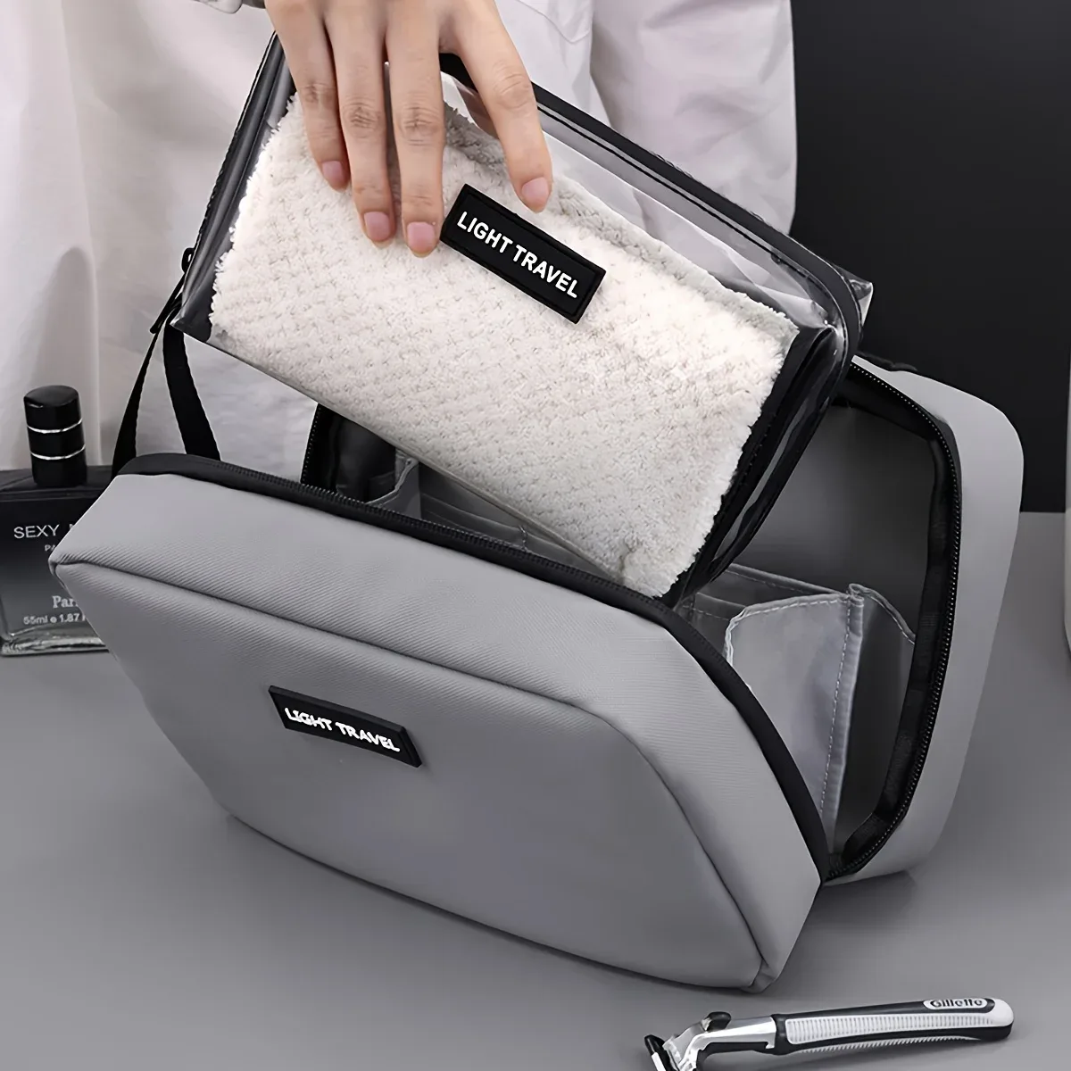 sac de rangement de maquillage à double ouverture pour hommes, sac de maquillage et de beauté portable à fermeture éclair, sacs de rangement de produits de toilette de voyage d'affaires