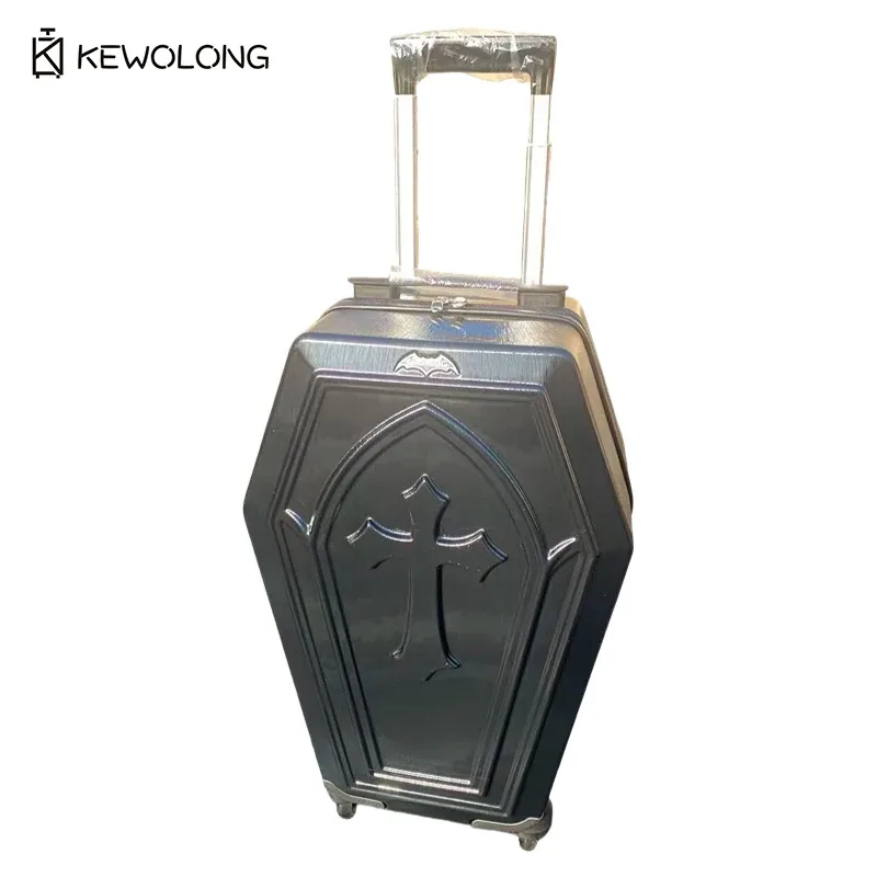 valise de voyage unique de style cercueil gothique, à coque rigide avec croix en relief, esthétique sombre, valise trolley pour la subculture gothique