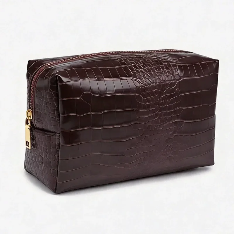 pochette de maquillage en pu gaufré crocodile pour femmes, étanche, structurée, organiseur de rangement haut de gamme non pliable
