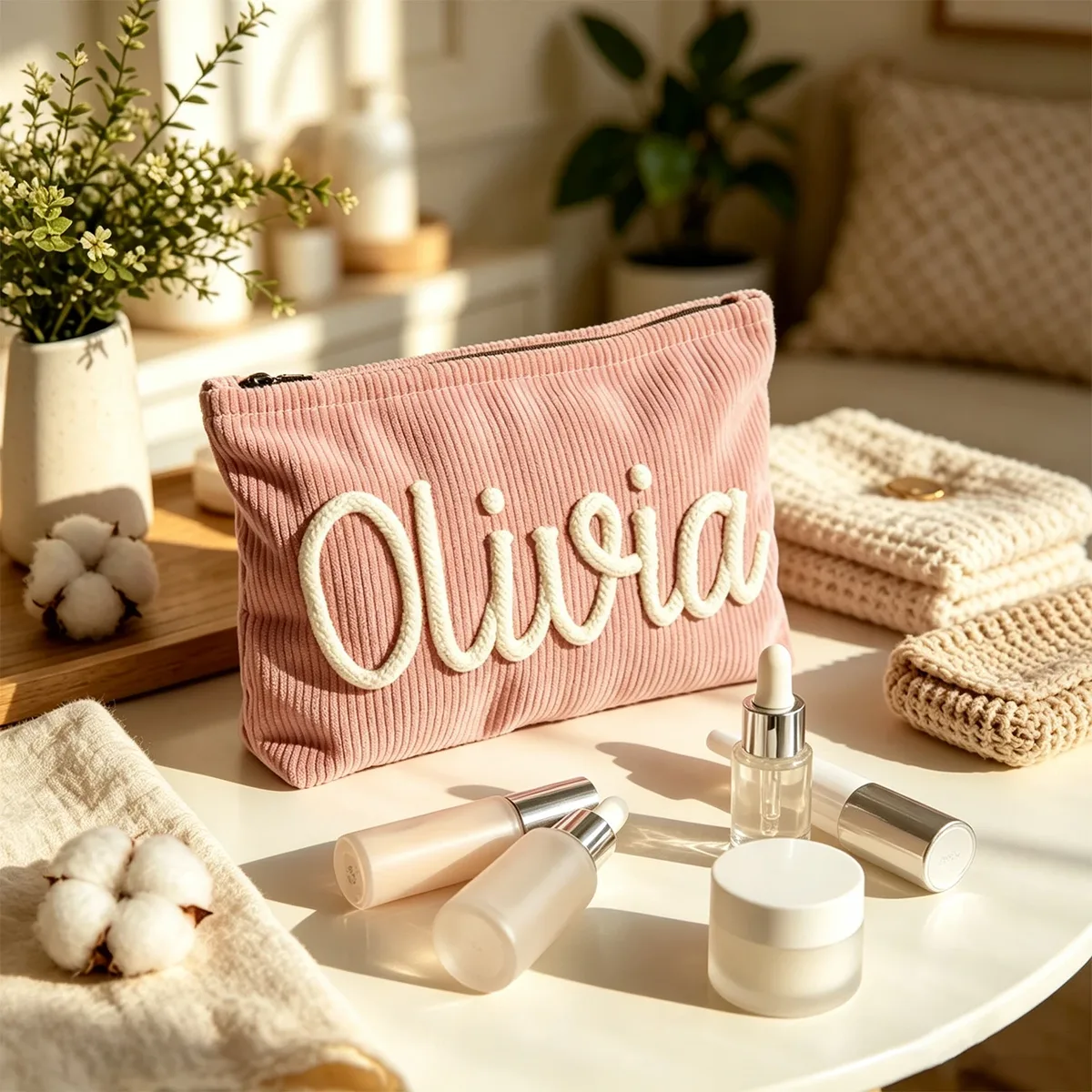 cadeaux personnalisés en velours côtelé pour demoiselles d'honneur, trousses de maquillage personnalisées avec lettres, cadeaux pour enterrement de vie de jeune fille, trousses de toilette de voyage