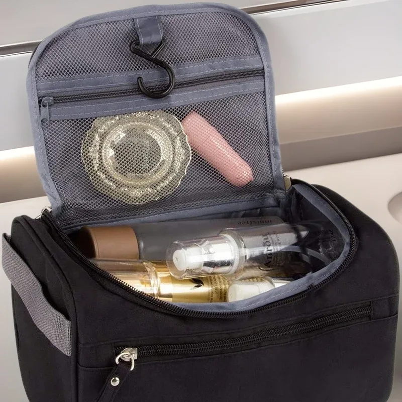 sac de rangement pour articles de toilette et cosmétiques de grande capacité, idéal pour les personnes pressées, multifonctionnel avec crochet et fermeture éclair imperméable.