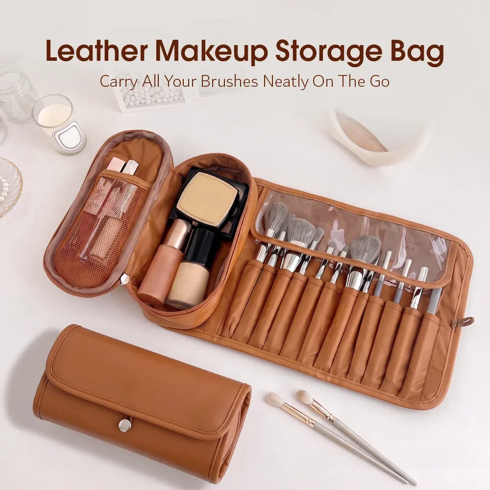 Trousse de Maquillage en Cuir PU Imperméable pour Femme, Organisateur Portable Professionnel, Pochette de Rangement pour Pinceaux, Sac Cosmétique pour Voyage et Vacances