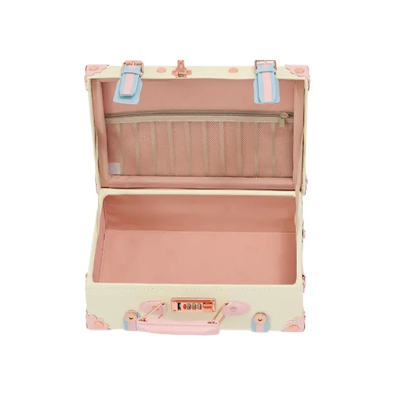 valise design rétro beige accents roses bleus motifs floraux poignée supérieure roulettes plastique dur voyage