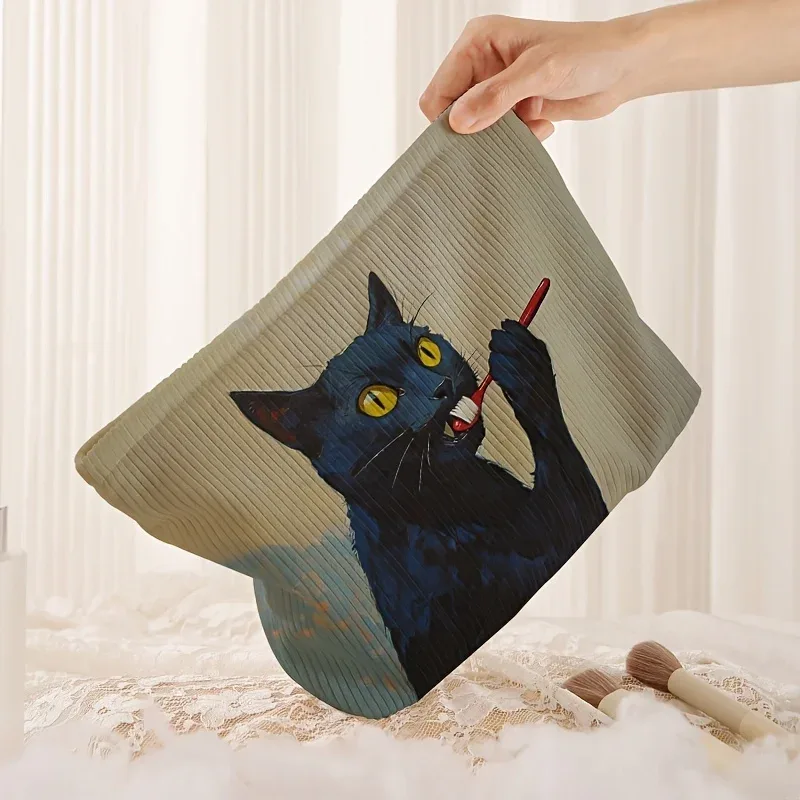 1 pièce, trousse de maquillage en velours côtelé à motif de chat noir, boîte de rangement légère à fermeture éclair, sac multifonctionnel avec doublure