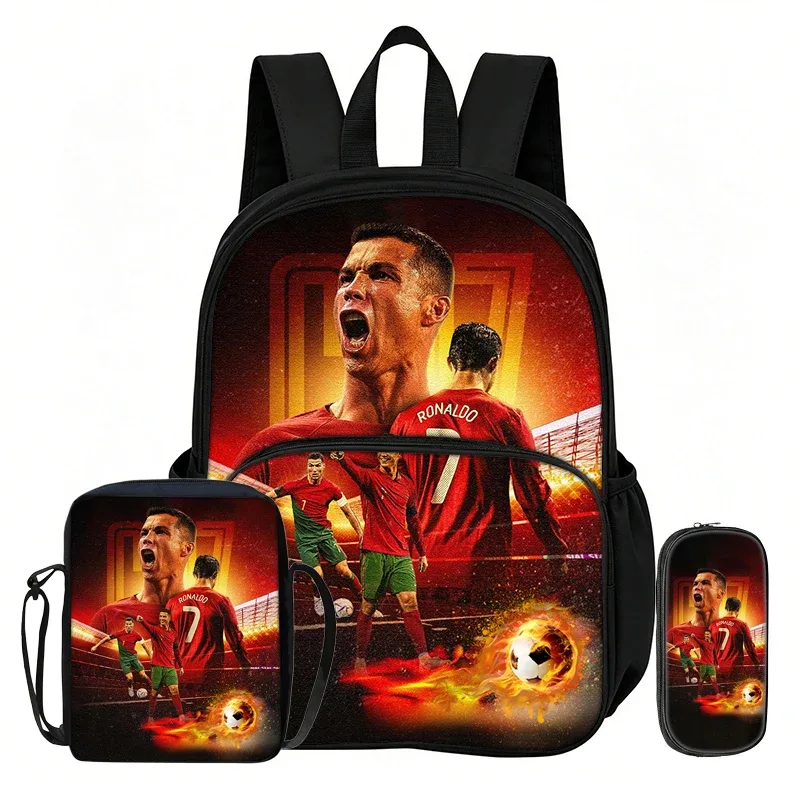 ensemble de 3 sacs à dos avec poche avant ronaldo learn, sacs à bandoulière pour voyage et fans de football, trousse à crayons, sacs d'école et de sport