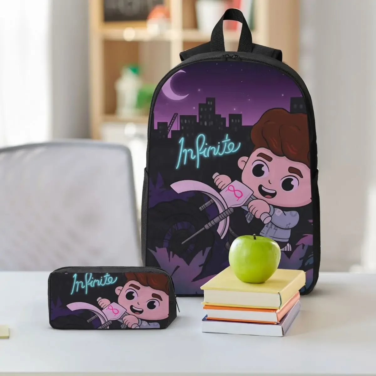 sac dos polyester violet motif nuit urbaine personnage carte bourse déjeuner trousse crayons voyage étudiant unisexe