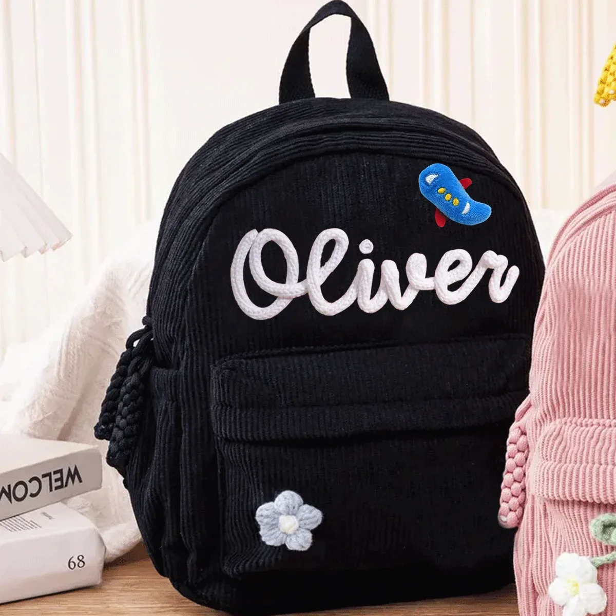 sacs à dos personnalisés en velours côtelé – sacs à dos brodés sur mesure, décorations florales/animalières, styles parent-enfant, sac pour sœur/frère