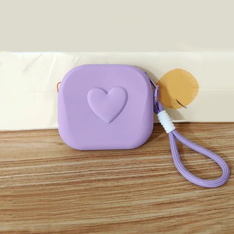 1 pièce pochette de rangement en silicone en forme de cœur, porte-monnaie, portefeuille, avec cordon tressé, organisateur portable pour câbles de données, écouteurs et clés