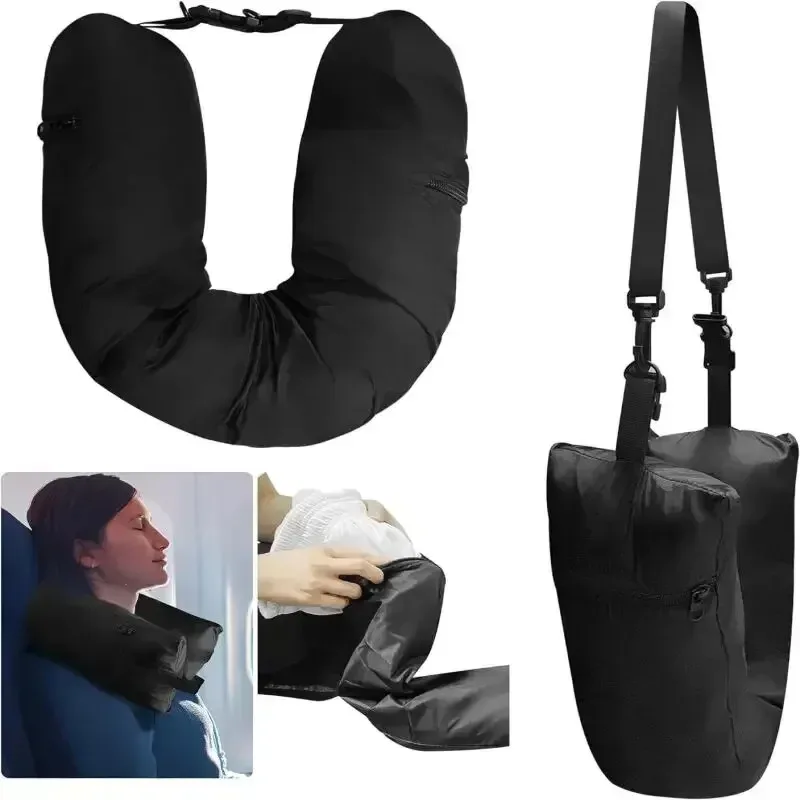 Taie d'oreiller de voyage rechargeable, sac de rangement, sac de voyage portable, coussin d'avion, oreiller de cou de voyage, voyage auto-remplissage