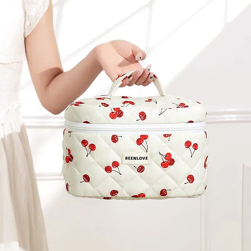 trousse à cosmétiques en coton matelassé pour femme, jolie trousse de toilette portable, organisateur, fleur à fermeture éclair, lavage de voyage, aucun imprimé