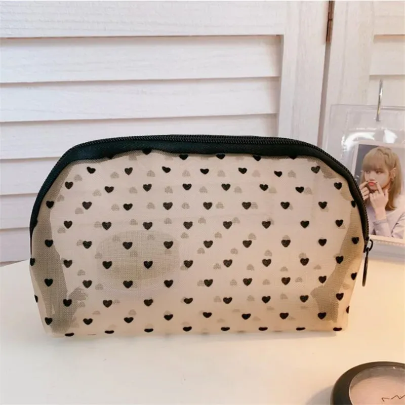 sacs de maquillage cosmétiques en maille, porte-étui, fermeture éclair transparente, mignon, noir, cœur imprimé, trousse à crayons, pochette pratique à transporter