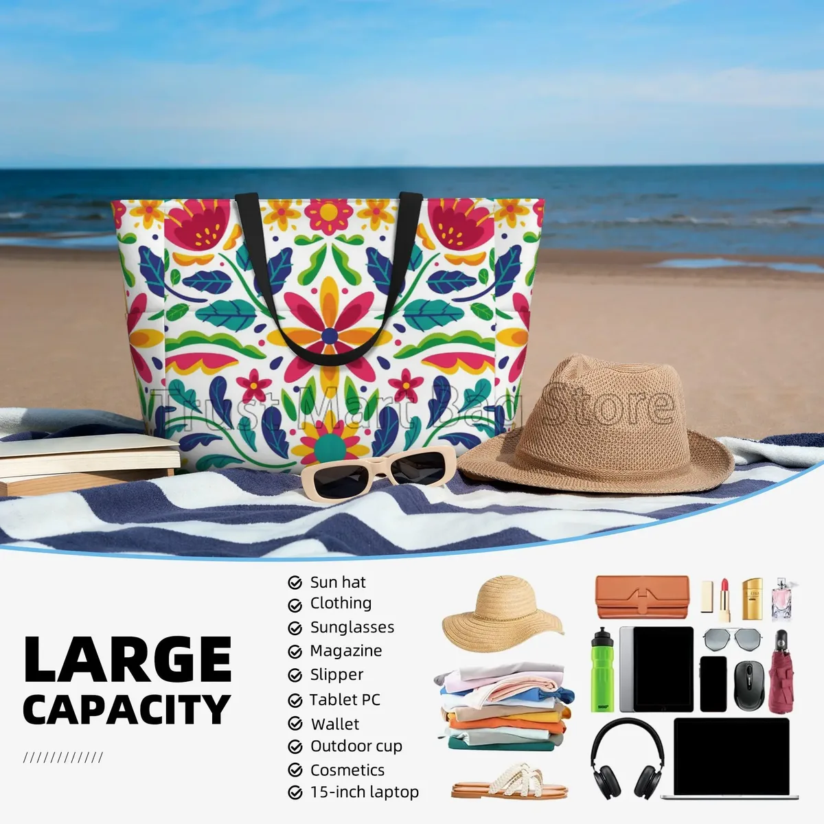 fourre-tout de plage imperméable à fleurs mexicaines pour femmes, sacs de piscine pour dames, sac de sport extra large, sac à main pour week-end, voyage, natation