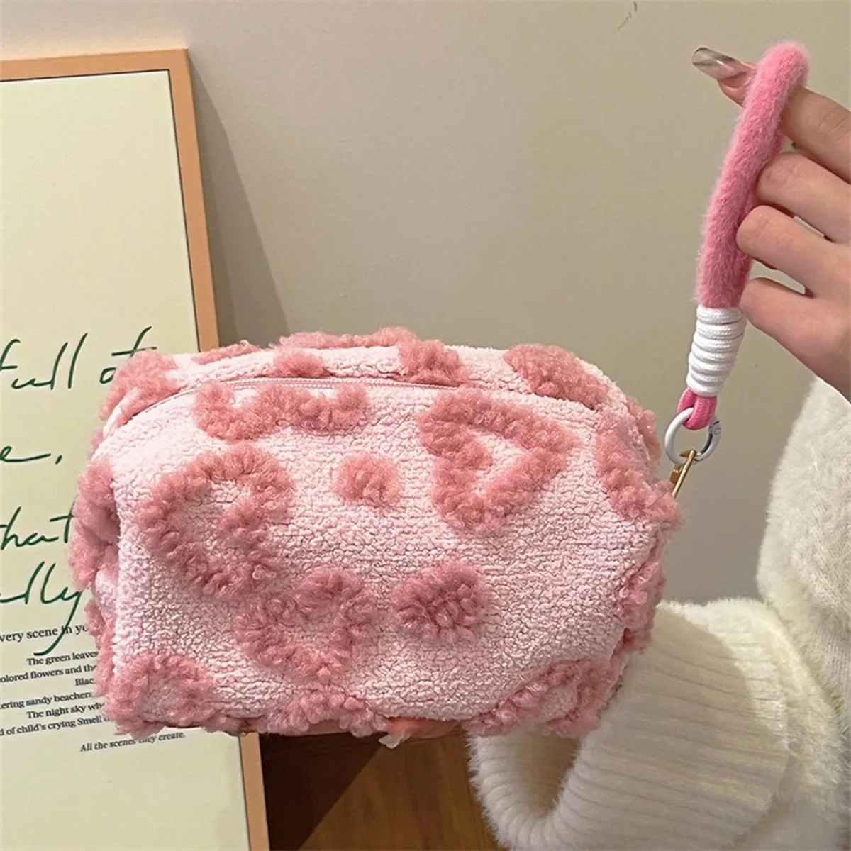 sacs à maquillage en peluche ins avec poignée, sac de rangement cosmétique de voyage doux, organiseur portable imprimé cœur, trousse à crayons, pochette de soirée