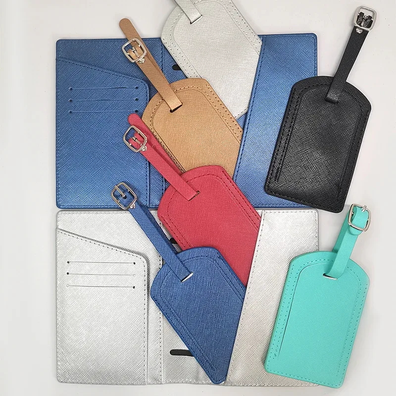 ensemble de couverture de passeport et d'étiquette de bagage en cuir pu de luxe avec boîte, porte-passeport personnalisé avec nom, étiquette de valise personnalisée, vente en gros, cadeau