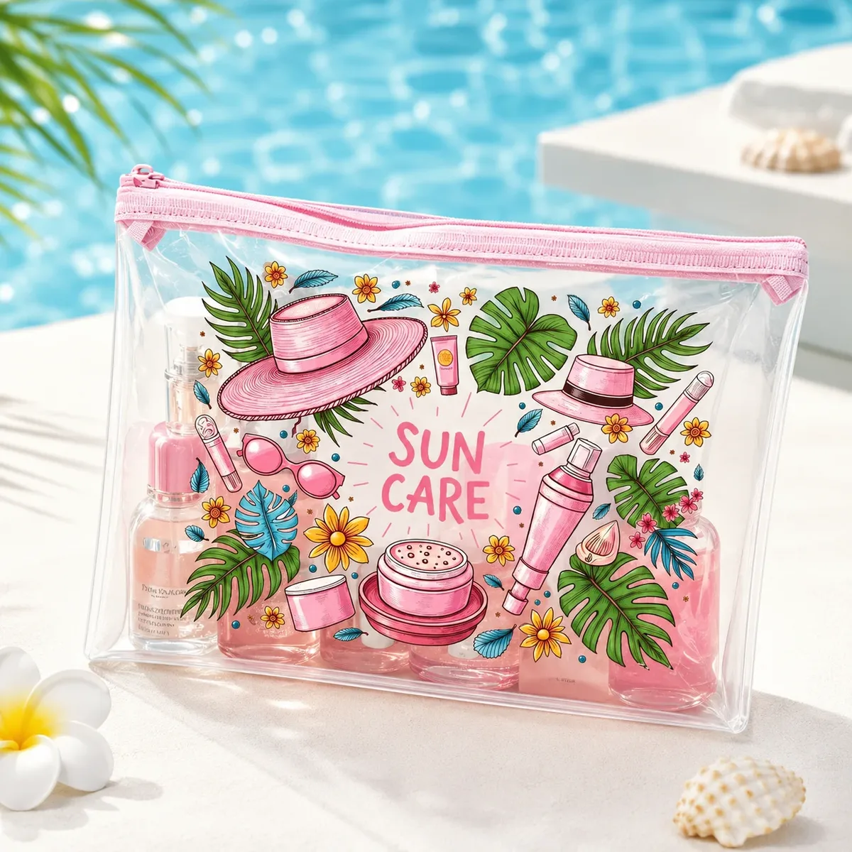 sac cosmétique transparent en pvc pour le soin du soleil, trousse de maquillage étanche à fermeture éclair pour femmes, plage, piscine, voyage et articles de toilette