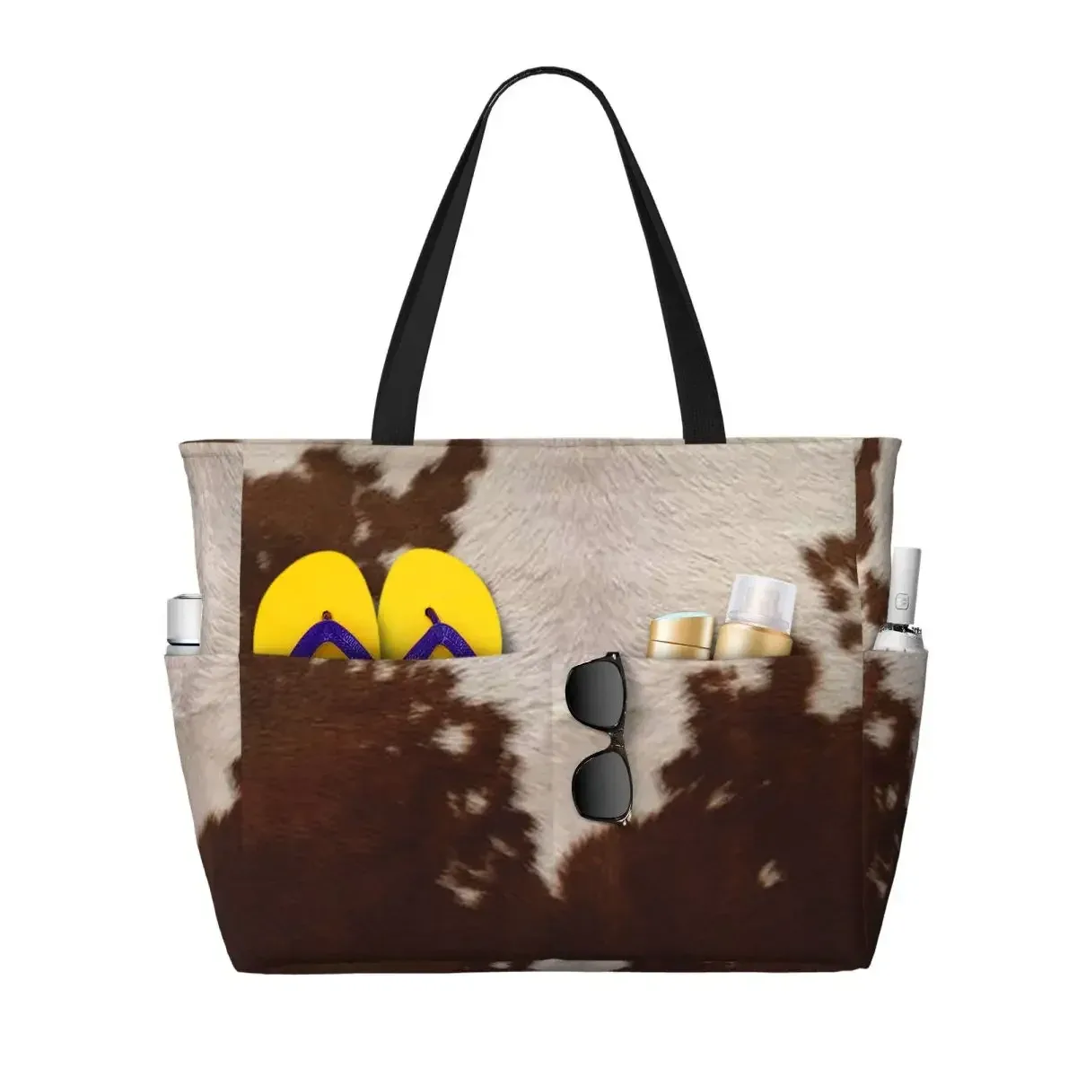 sac de plage élégant en fourrure de vache, texture cuir de vache, motif imprimé peau de vache, sac de yoga, grand sac fourre-tout, sac de voyage pour femme, sac de fitness