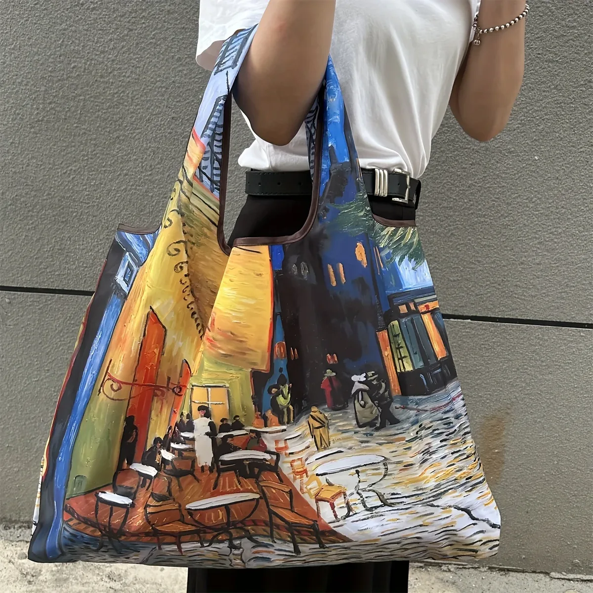 sac de shopping pliable, motif vintage van gogh café terrace, réutilisable, imperméable, grand sac fourre-tout, sac à main portable pour courses, cadeau pour femmes