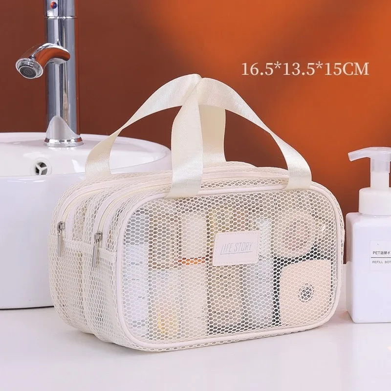 sac de maquillage de voyage en maille double couche, pochette cosmétique à grande capacité, organisateur pliable pour les articles de toilette des femmes en vacances