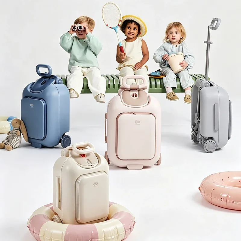 valise de voyage pour enfants avec roues lumineuses, bagage à main 4-en-1, sac à roulettes pour garçons et filles, sur lequel ils peuvent s'asseoir et rouler