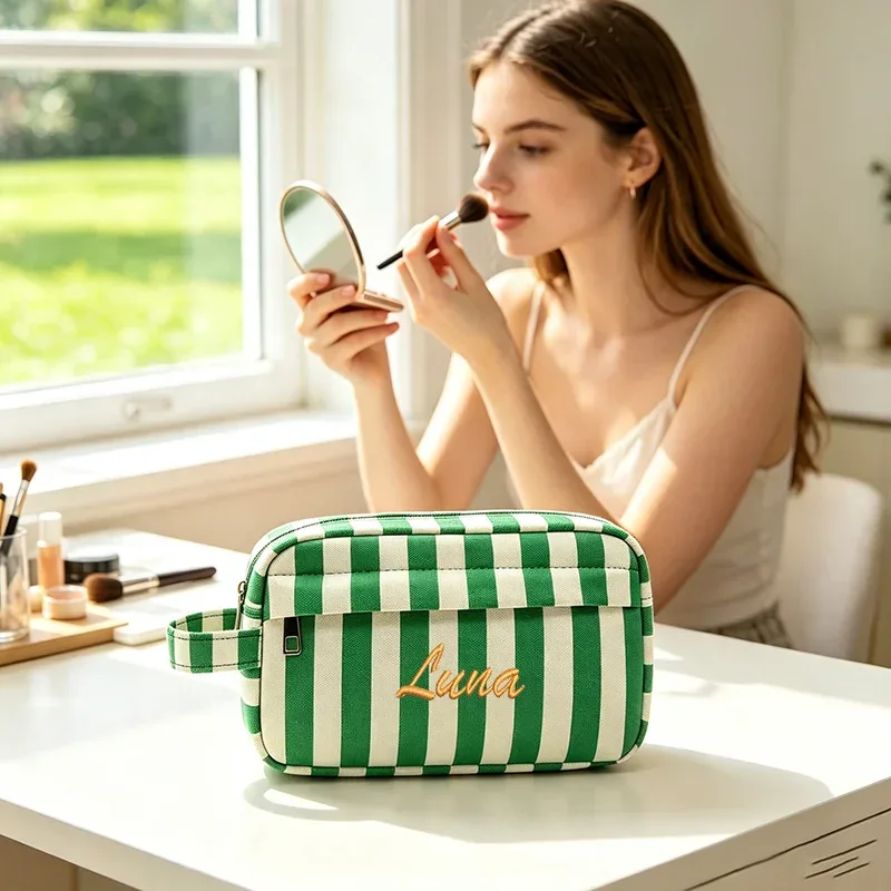 trousse de toilette rayée à double compartiment, portable pour les voyages, idéale pour les trajets quotidiens, les vacances, la plage, les fêtes, cadeaux créatifs, anniversaires, rentrée scolaire, remise des diplômes.