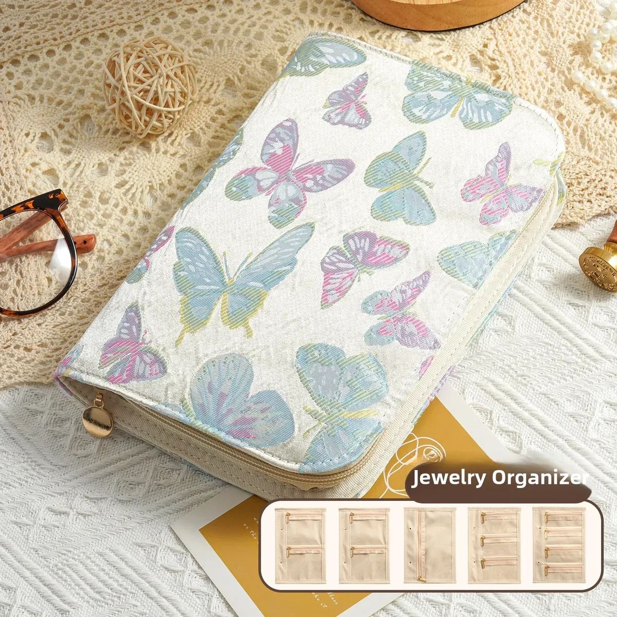Coffret de rangement à bijoux en velours haut de gamme avec fermeture éclair, sac de rangement portable anti-oxydation pour bijoux en or et argent, style cuir de luxe