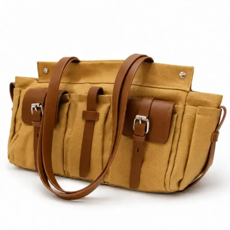 sac fourre-tout de luxe en toile et cuir multi-poches, sac à bandoulière vintage pour femme avec fermeture éclair, sac à main style motard, léger