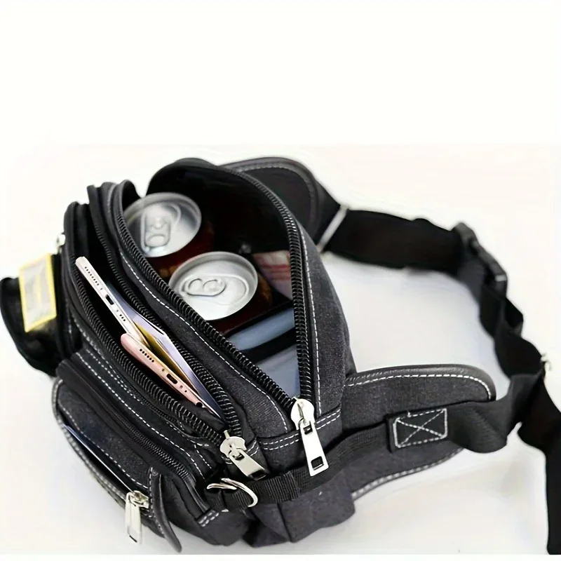 sac de taille multicouche à fermeture éclair à la mode, sac banane de poitrine rétro basique en toile, sac à bandoulière de sport pour hommes, poche pour téléphone de course