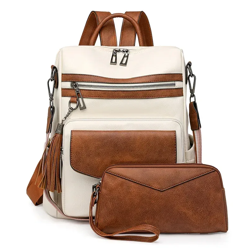 sac à dos en cuir pu pour femmes, imperméable, antivol, grand sac à dos de voyage rétro pour collège, sac à bandoulière avec pompon, 2025