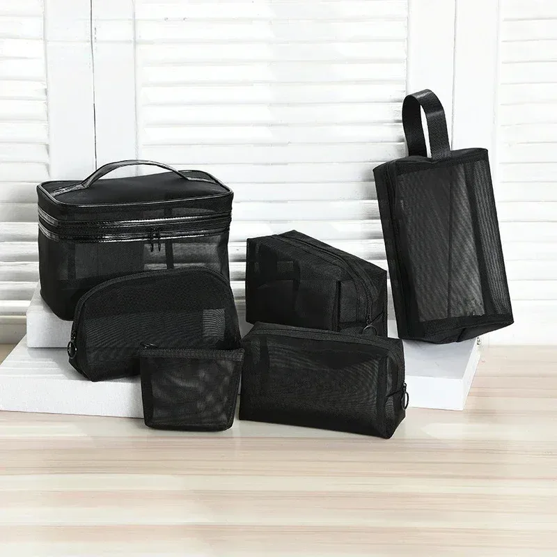 trousse de maquillage en maille noire pour femme, sac à cosmétiques transparent, petits et grands sacs de rangement portables, articles de toilette de voyage, évaluateurs de serviettes