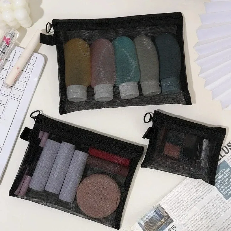 lot de 3 trousses de toilette transparentes en maille, légères et portables, pour maquillage et rangement, noires