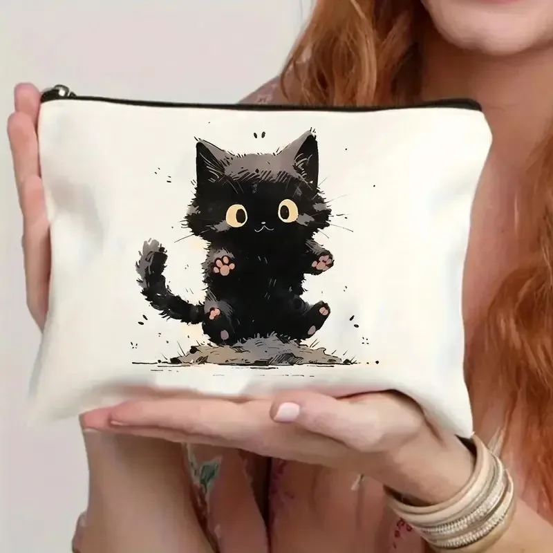 chat, fraise fille, motif d'amitié, sac de voyage, sac à fermeture éclair en polyester imperméable, cosmétiques, accessoires