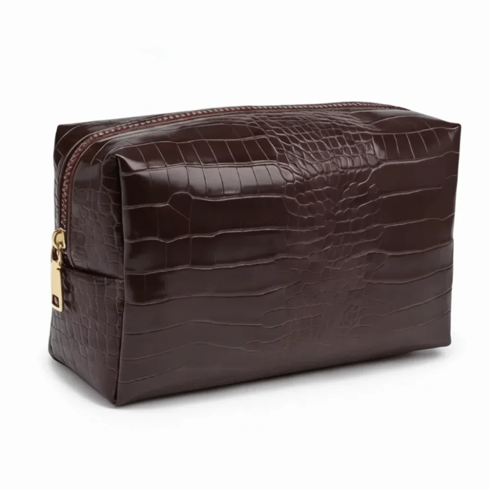 sac à maquillage en cuir pu, motif crocodile gaufré, pochette cosmétique imperméable, fermeture à glissière, grande capacité, pochette de rangement