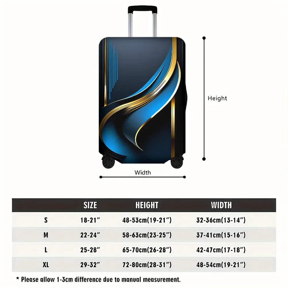 housse valise polyester motif lignes bleues dorées fond noir poignées noires format rectangulaire protection voyage