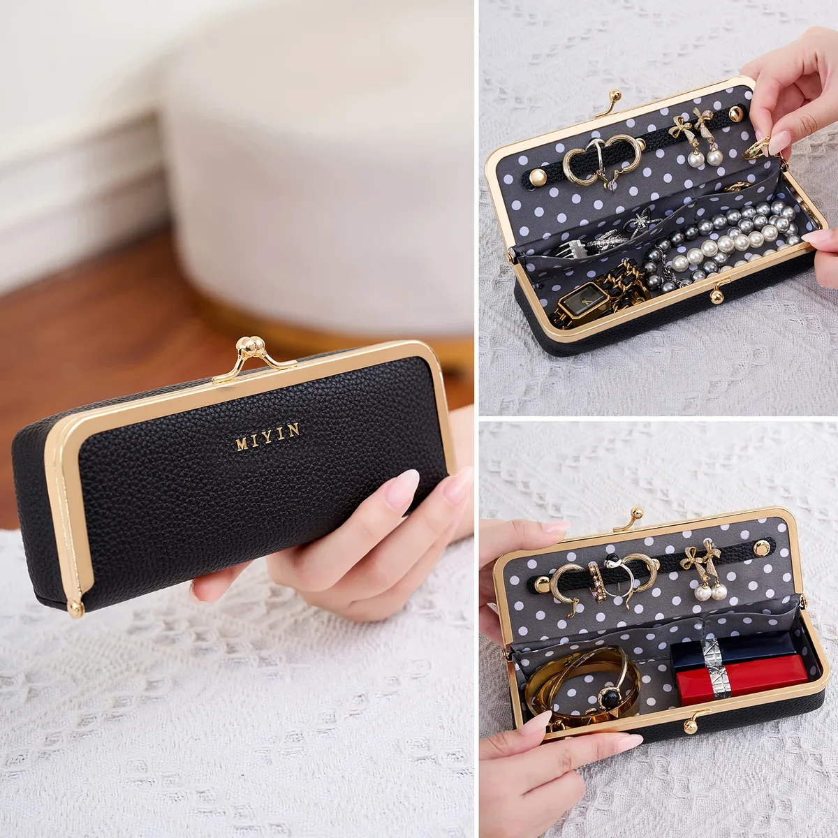 miyin étui à bijoux multifonctionnel pour femme à imprimé léopard avec fermeture kiss lock, étui à lunettes, essentiel de voyage, organisateur de rouge à lèvres et cosmétiques