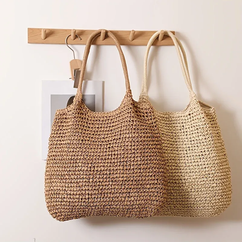 sac à bandoulière pour femme, sac fourre-tout en paille grande capacité tendance, sac à main décontracté uni facile à transporter pour les vacances, les voyages en plein air et le camping