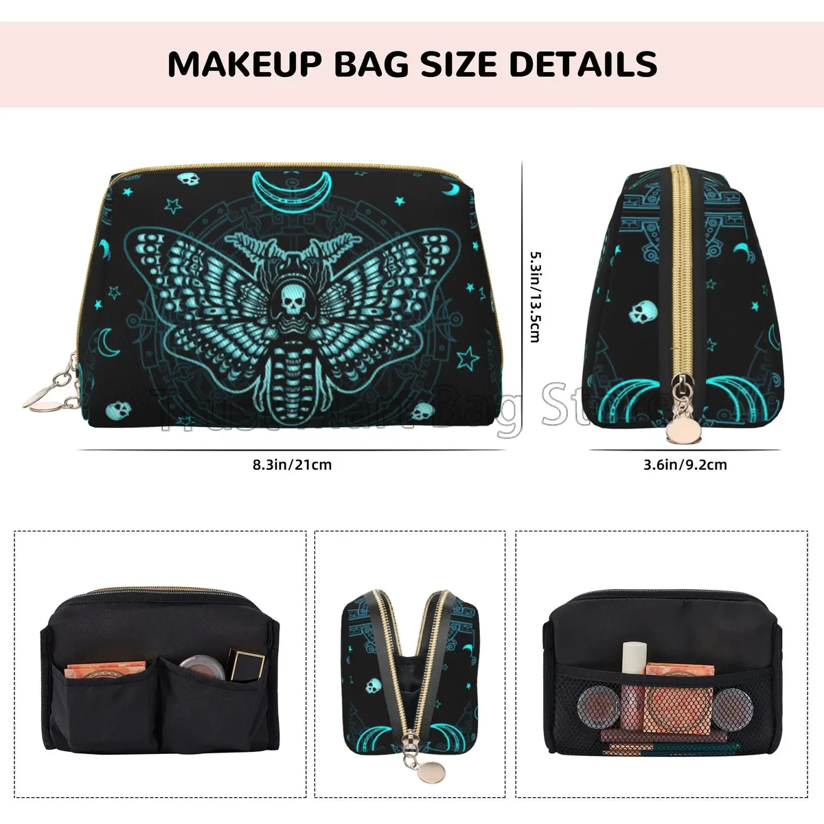 sac à cosmétiques de voyage en cuir avec tête de mites mystiques, noir, grande capacité, étanche, trousse de toilette, poudres de maquillage
