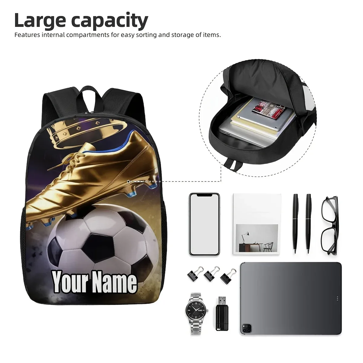 sac à dos de football doré personnalisé sur mesure, personnalisé avec vos noms et textes, grand sac à dos, sur sac à dos