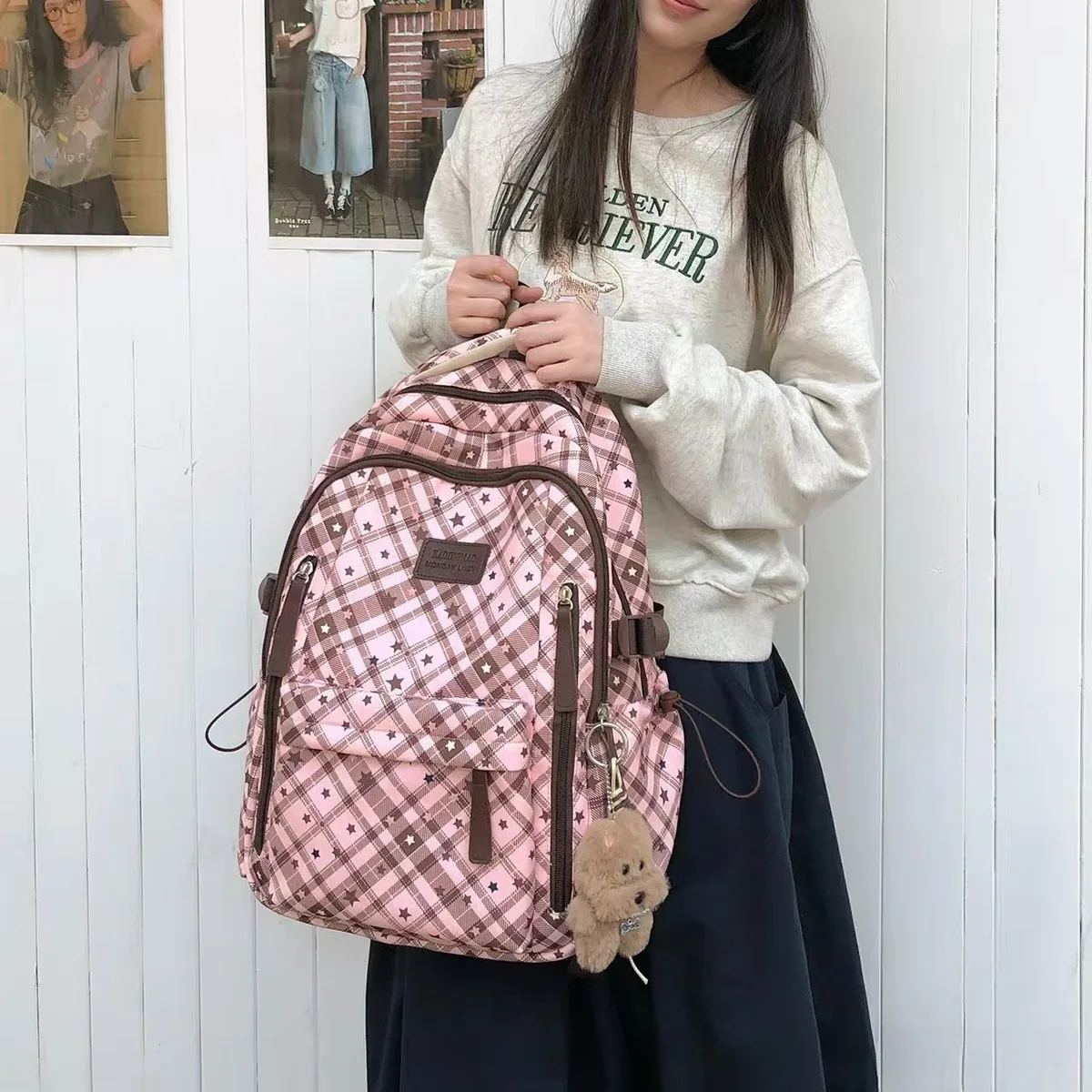 sac à dos décontracté grande capacité tendance pour les loisirs et les voyages, en nylon, pour les jeunes filles du collège et du lycée, sac à dos d'extérieur à imprimé à carreaux