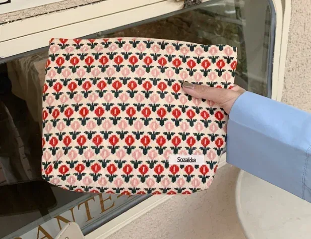 sac à cosmétiques brodé en velours côtelé, pochette, grands sacs de rangement de maquillage, pochette à cosmétiques coréenne pour femmes, trousse de toilette mignonne et de beauté