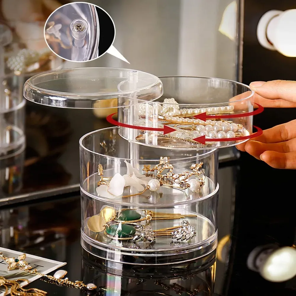 Organisateur de bijoux rotatif à 360°, boîte de rangement en plastique transparent, compacte, multi-couches, porte-boucles d'oreilles et bagues, anti-poussière, présentoir de bureau