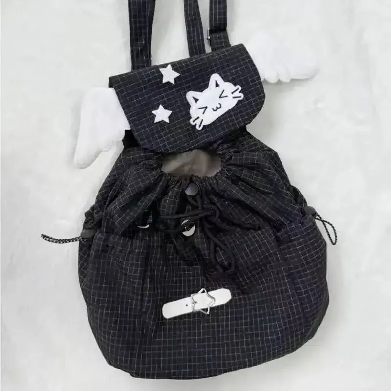 sac à dos chat brodé noir blanc style à carreaux léger mignon petites épaules polyvalent étudiant trajet campus sac à dos