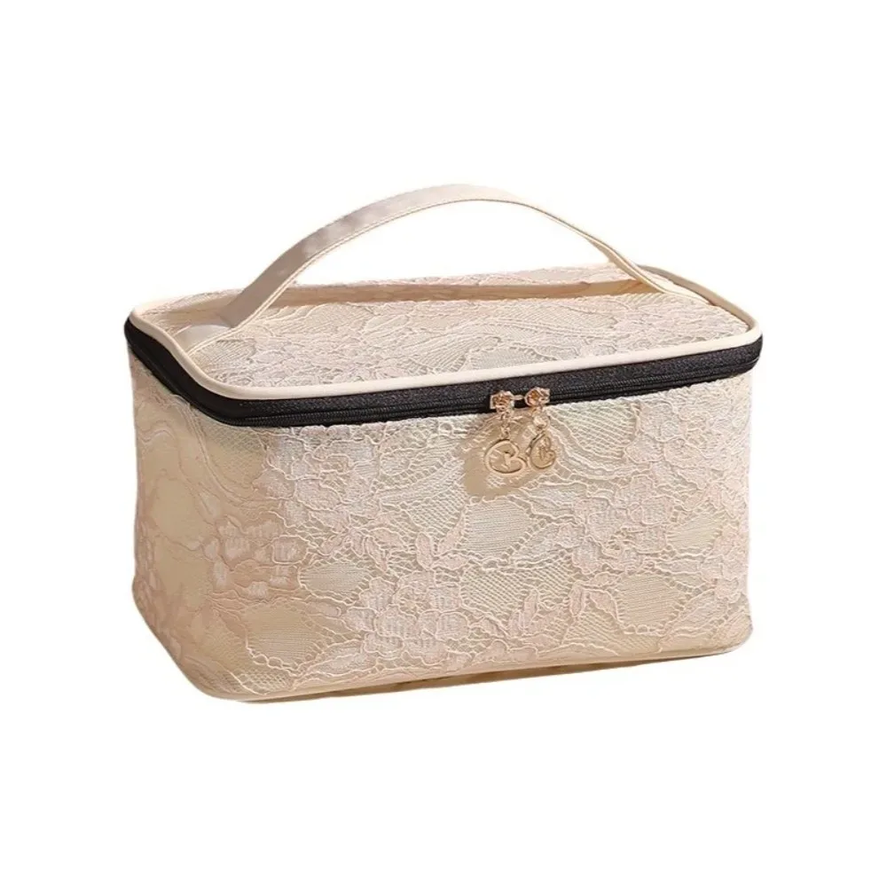 trousse de maquillage élégante en dentelle couleur unie florale avec poignée, sac de rangement cosmétique multifonctionnel grande capacité, trousse de toilette pour fête
