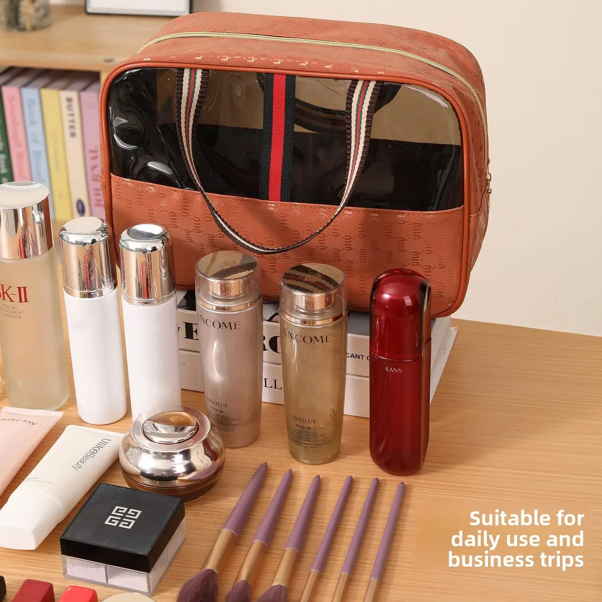 nouvelle trousse de maquillage en cuir de haute qualité, grande capacité, sac à main portable, trousse de toilette étanche pour salle de bain, doublure en polyester durable