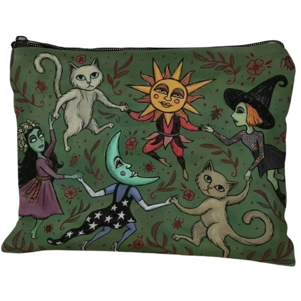 trousse polyester fantaisiste chats sorcière soleil lune vert étudiante cosmétique maquillage stylos rangement voyage