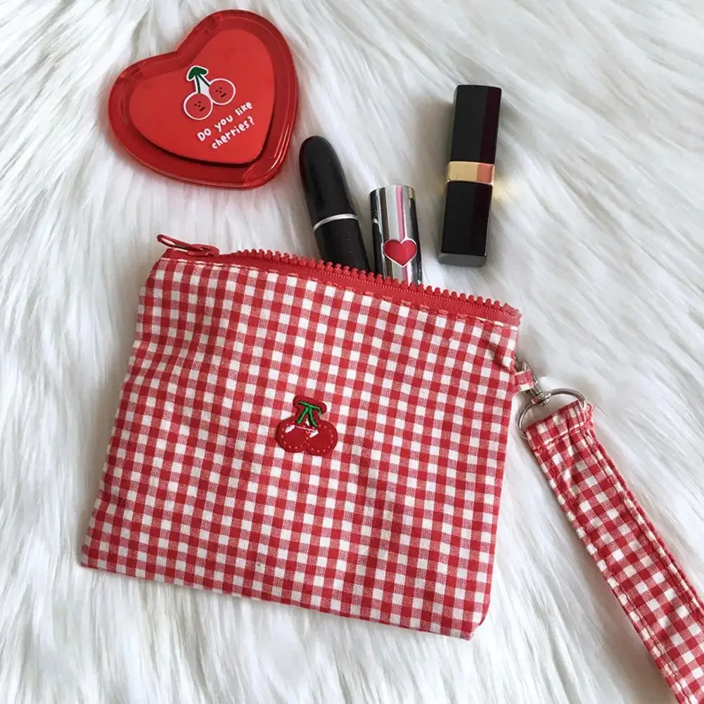 trousse de maquillage en toile imprimée cerise, joli organisateur de rouge à lèvres avec fermeture à glissière, pochette cosmétique légère et portable pour femmes et filles