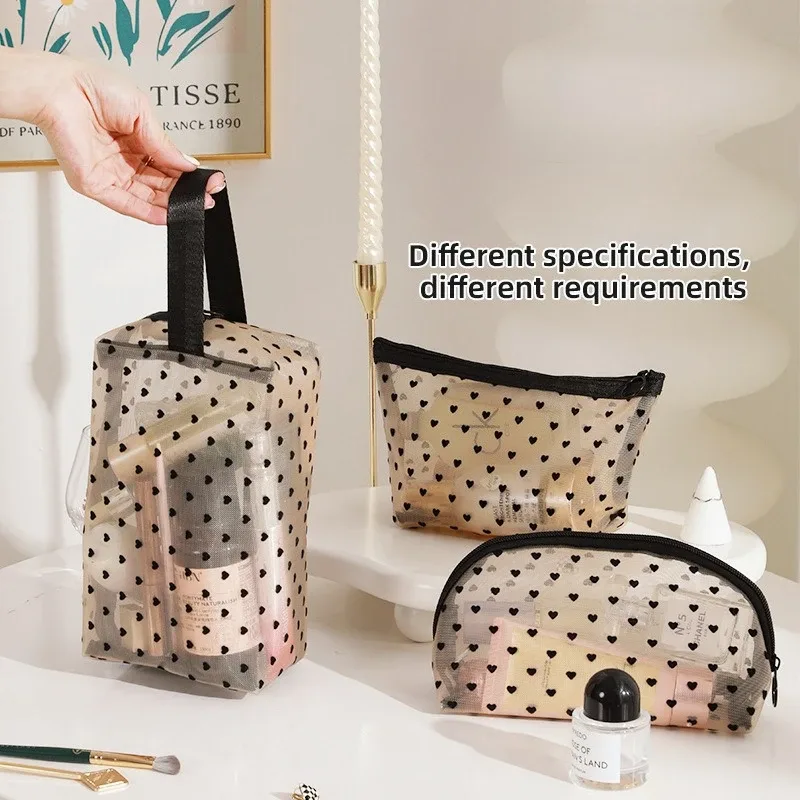 pochette de maquillage en forme de cœur, sac cosmétique en maille transparente, pochette de rangement multifonction portable, trousse de toilette de voyage, sacs à rouge à lèvres à fermeture éclair