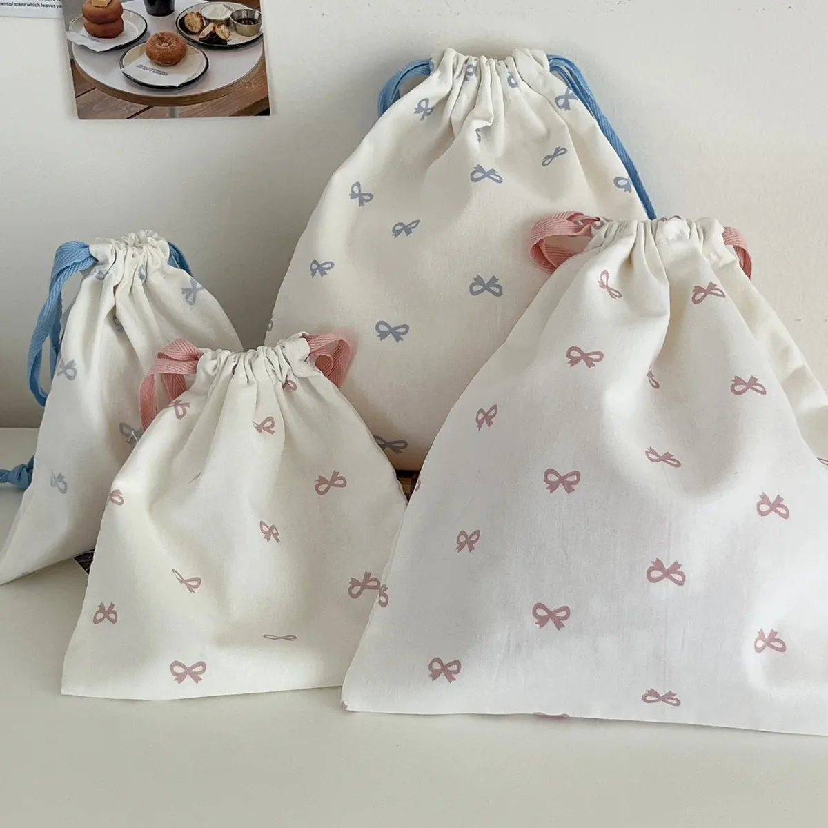sac de rangement en toile avec nœud imprimé pour femme, sacs à main mignons pour filles d'université, sacs à cordon de proximité, étui de maquillage de voyage portable simple pour femme