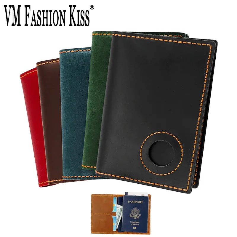 crazy horse – portefeuilles de suivi en cuir, porte-passeport, couverture de passeport pliable en cuir véritable avec fente airtag, indispensable pour le voyage